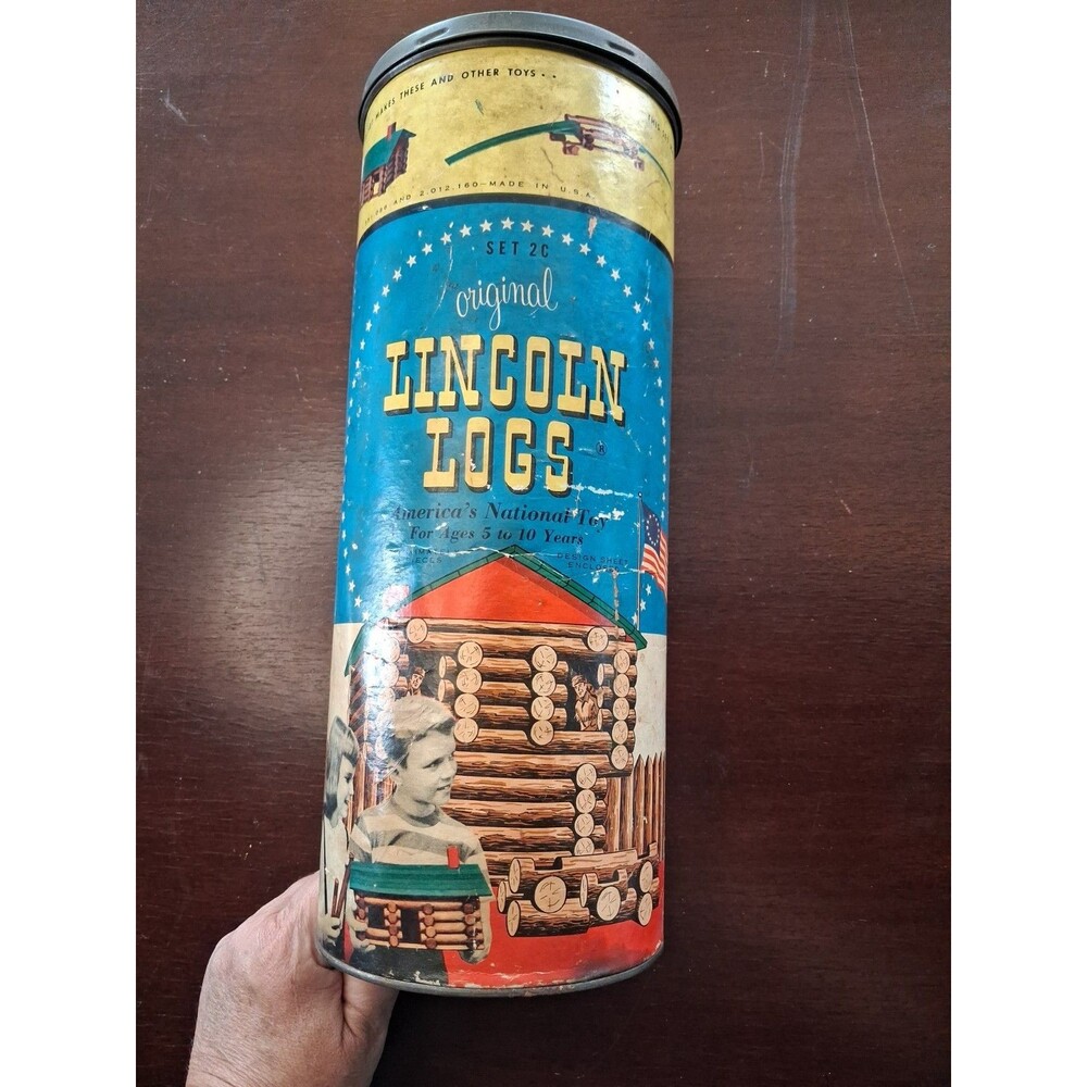 Vintage 1950s Lincoln Logs Set 2C in Round Canister